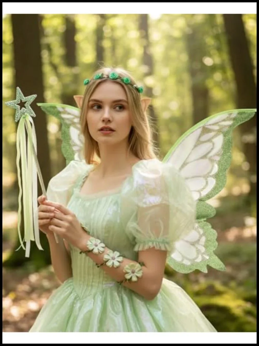 Fairy Wings Costume Set with Flower Crown Elf Ears Wand 5 PCS Organza Halloween